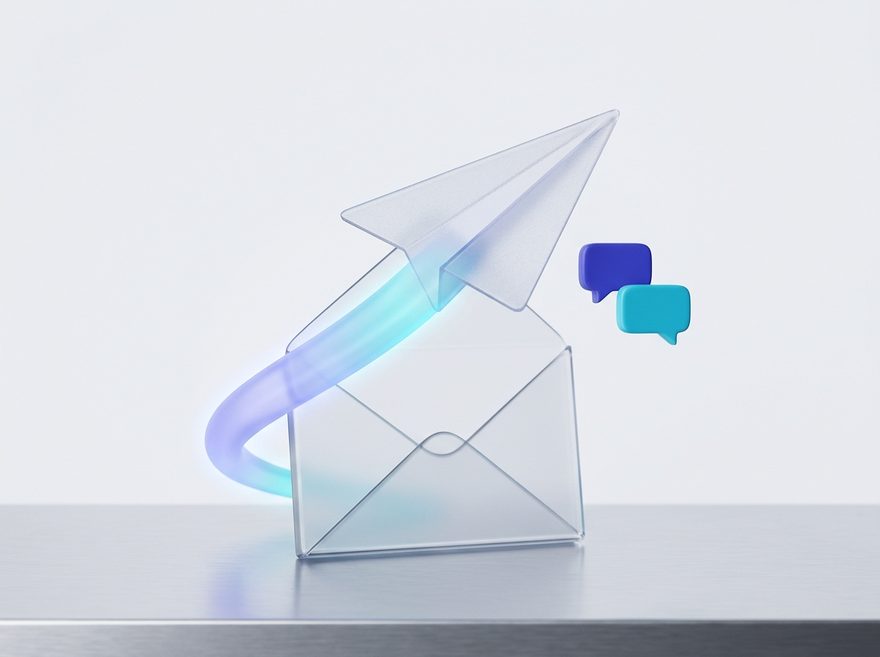 Stylized 3D render of a glass paper plane launching from an open envelope, surrounded by chat bubbles