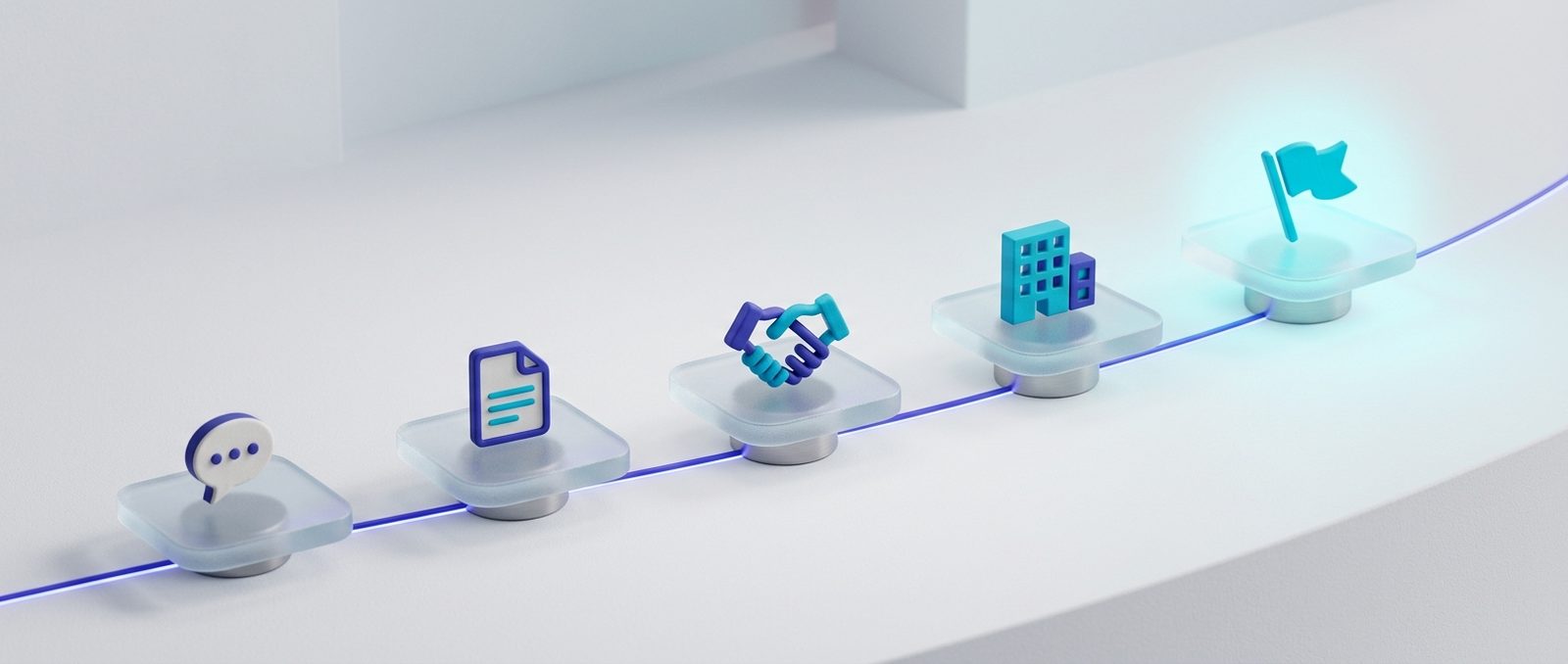 Five glass stepping stones connected by a glowing line — a speech bubble, document, handshake, building, and flag marking the five project steps