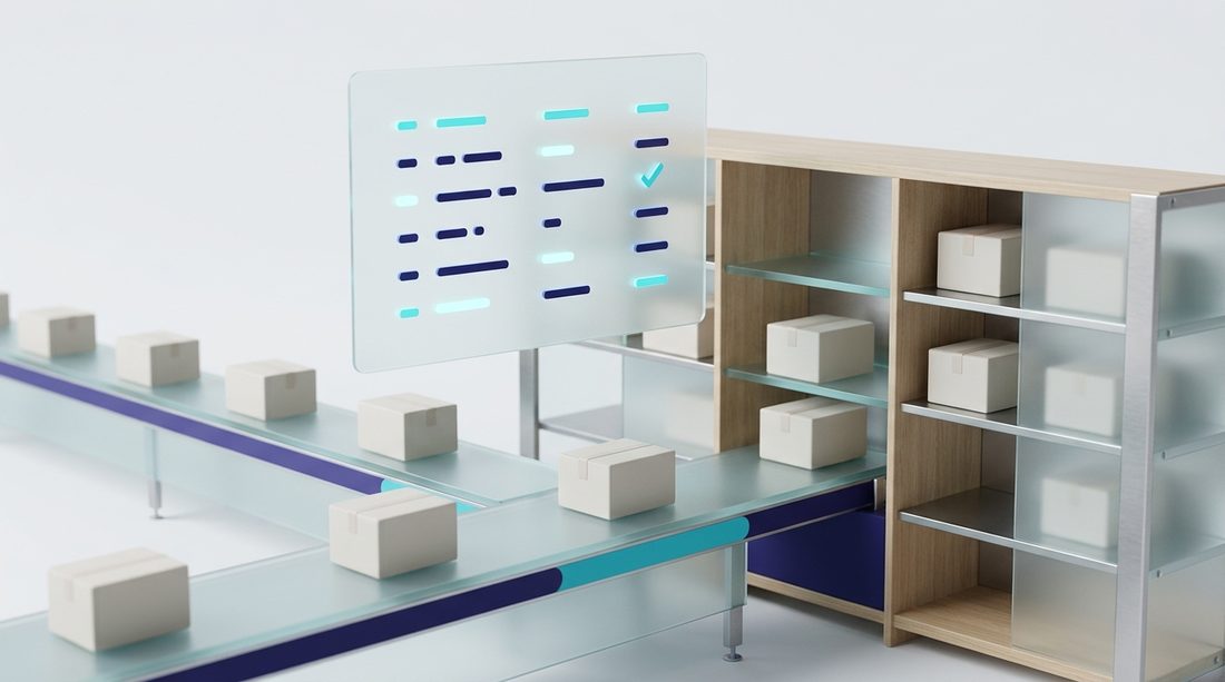 Stylized 3D render of ceramic inventory boxes moving along a conveyor into organized shelving