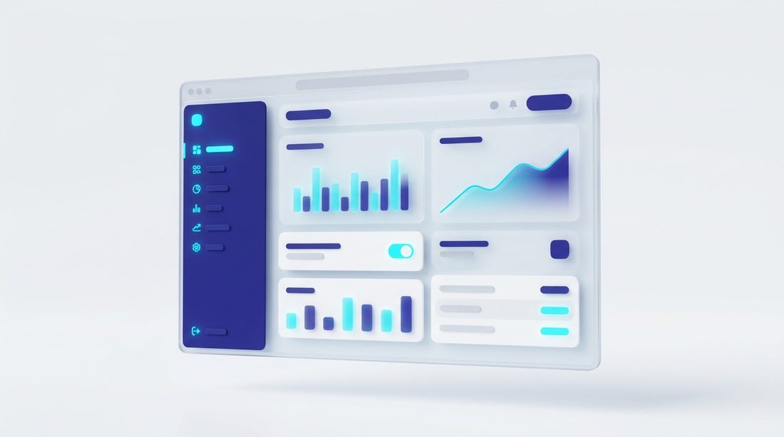 Stylized 3D render of a dashboard interface floating in a frosted-glass browser window