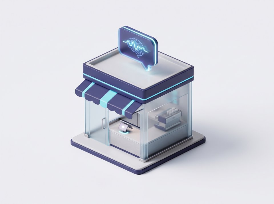 Illustration of a cafe counter with an espresso machine, a point-of-sale tablet, and an AI chat bubble