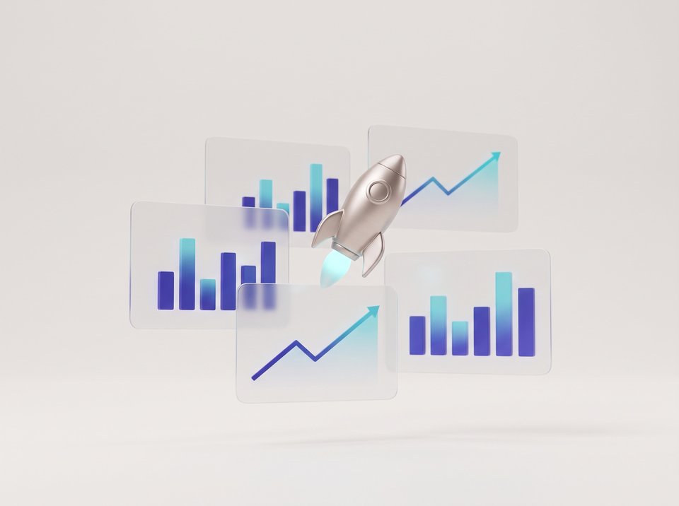 Illustration of two founders reviewing growth charts on a large screen